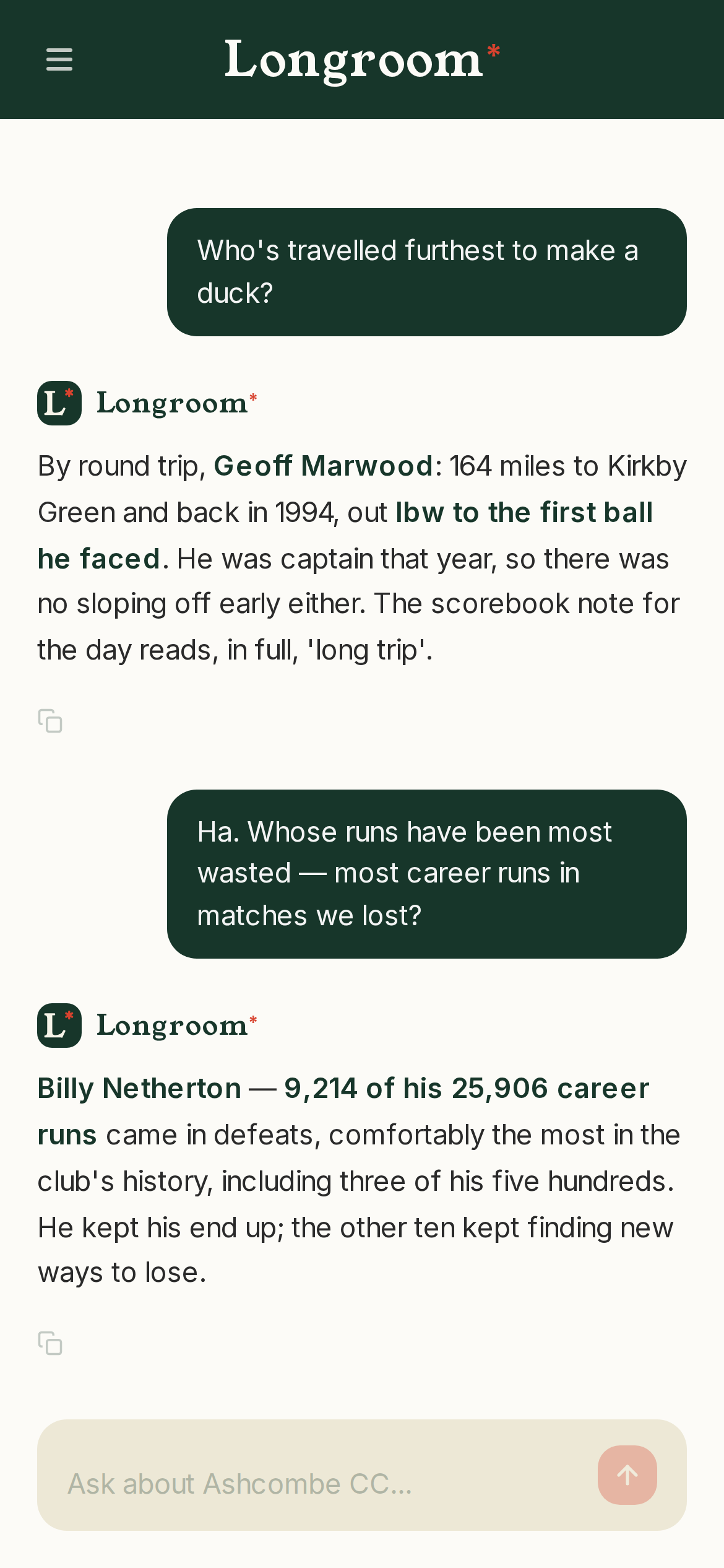 A Longroom chat answering who has travelled furthest to make a duck
