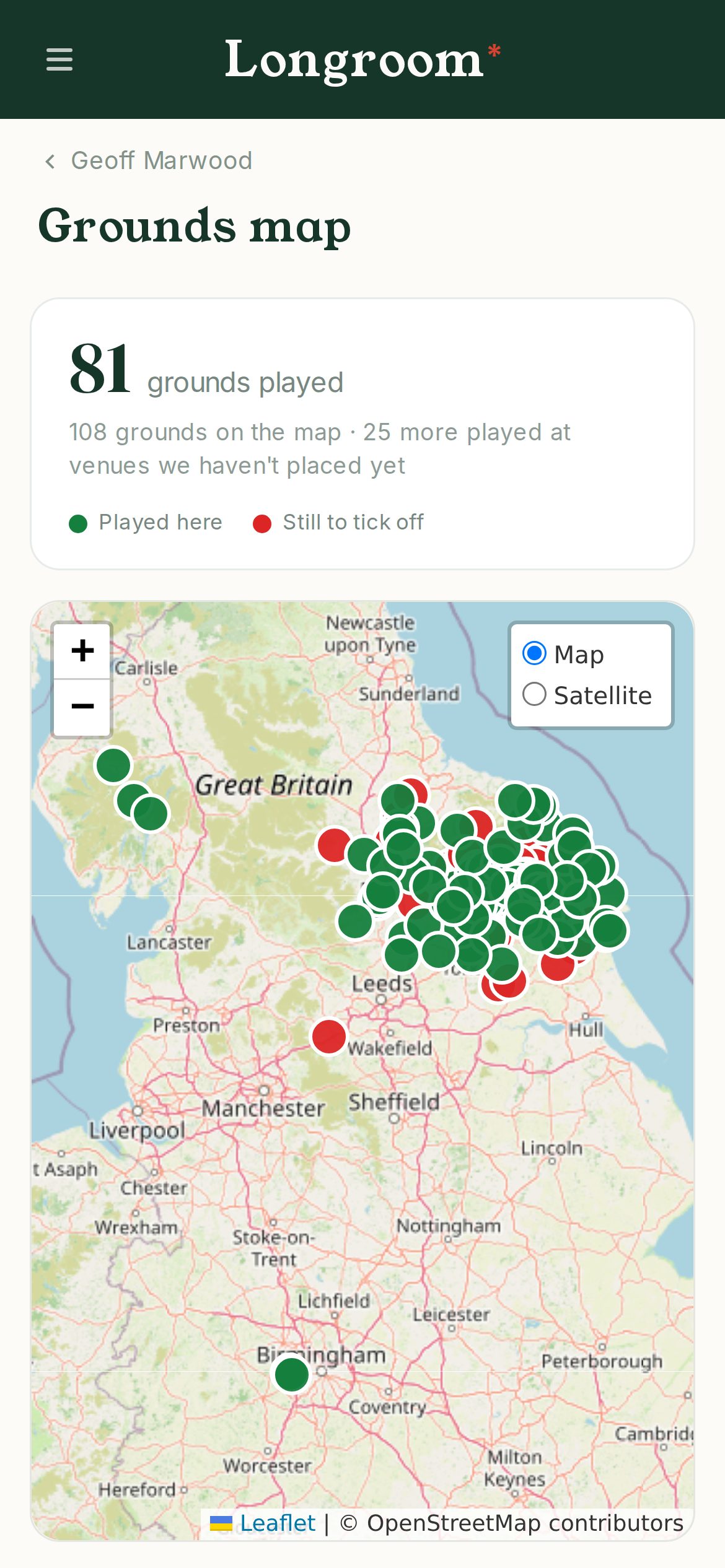 A map of every ground a player has visited, with played grounds marked in green